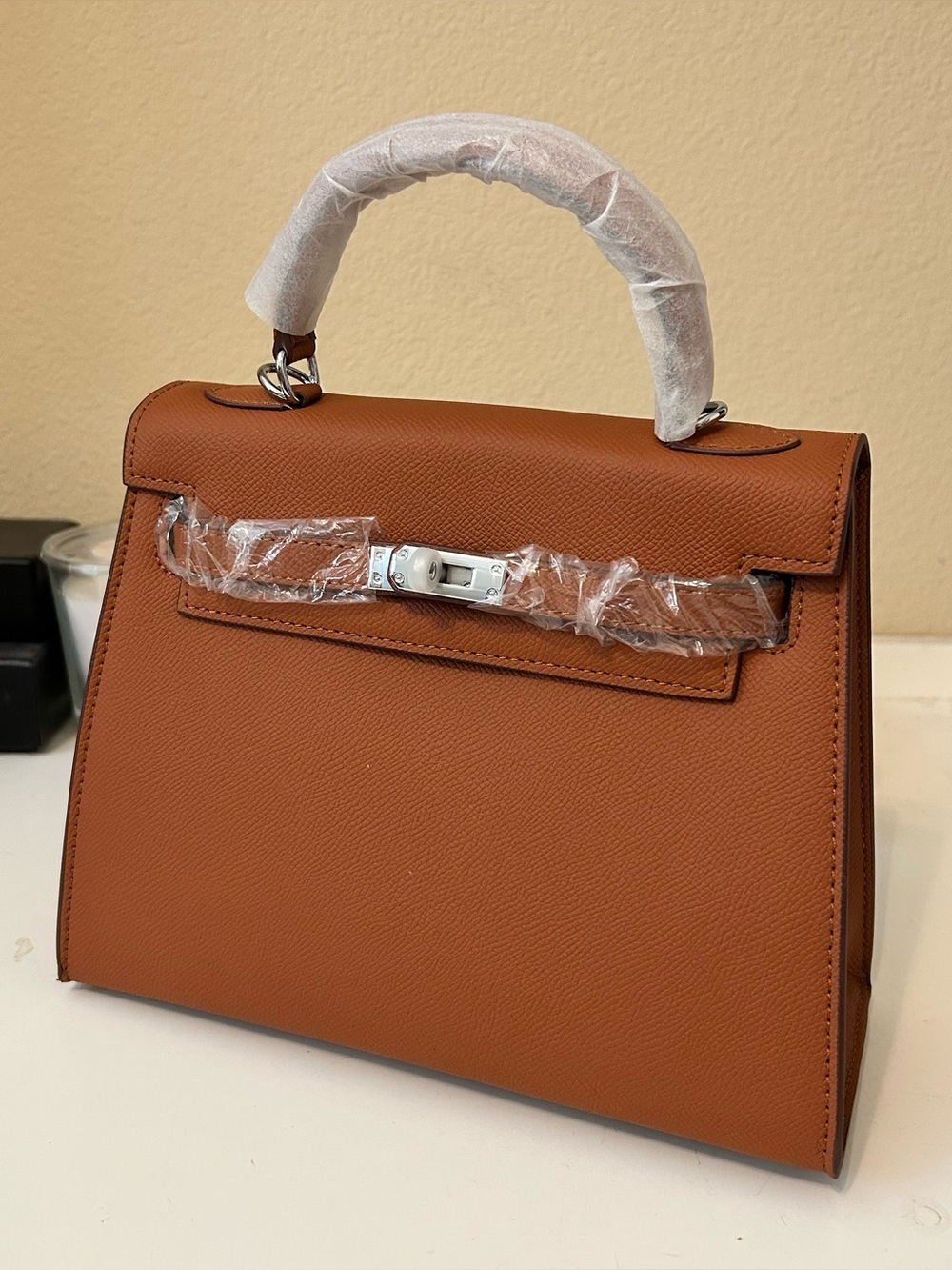 25cm Silver on Caramel Brown Epsom Leather Top-Handle Satchel KL Style